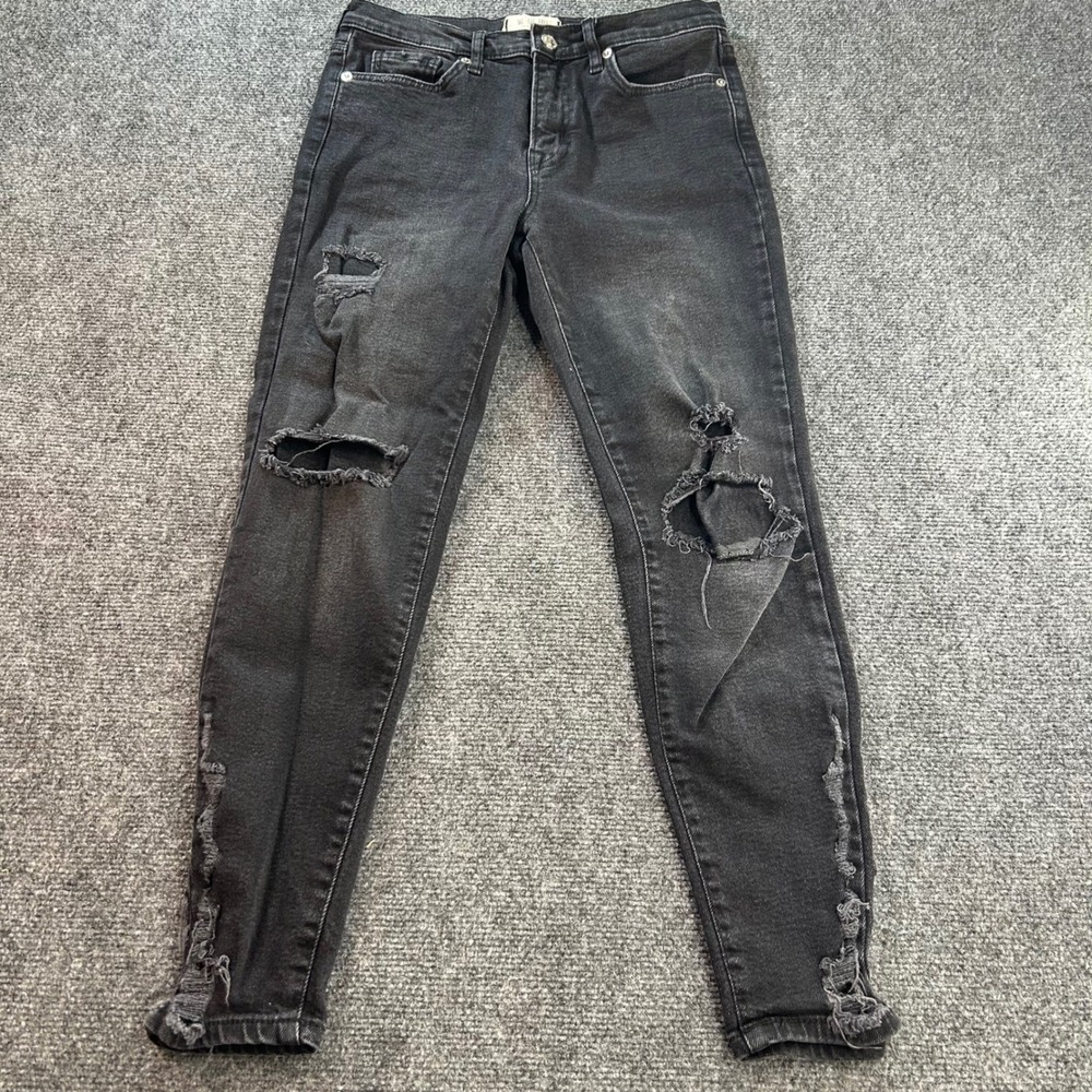 We The Free Skinny Jeans Womens 27 Black Distressed Raw Hem Side Slit Denim